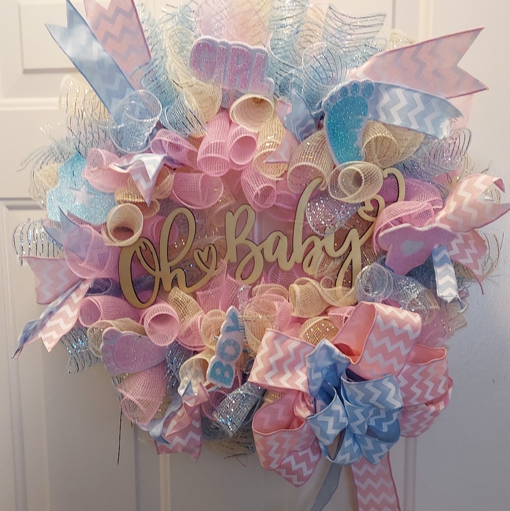 Baby shower baby reveal front door wreath